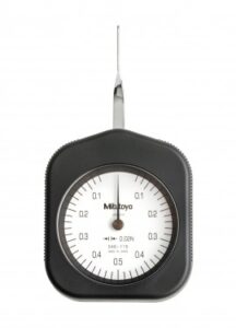 Mitutoyo 546-115 dial tension gauge, 0.06 to 0.5 n measuring force, 0.02 n minimum reading.