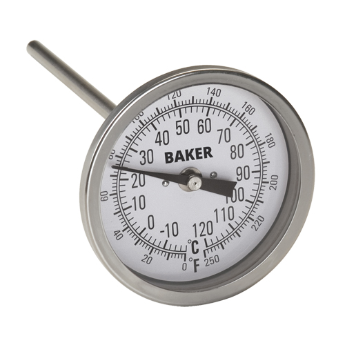 Termómetro bimetálico baker t30025-250, de 0 a 250 °f (-20 a 120 °c), incluye certificado trazable